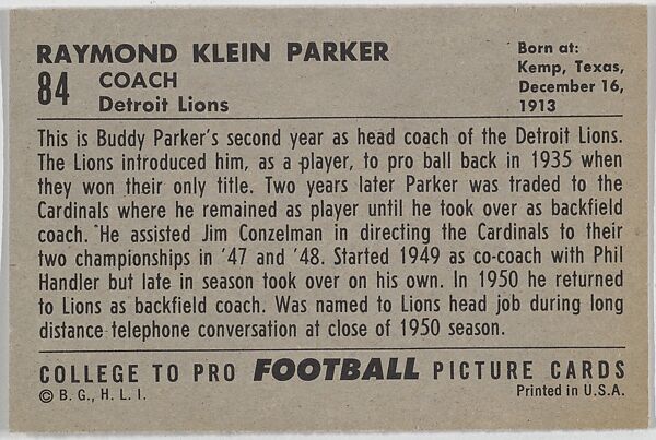 Raymond Parker, Detroit Lions, from the Bowman Football series (R407-4) issued by Bowman Gum, Issued by Bowman Gum Company, Commercial color lithograph