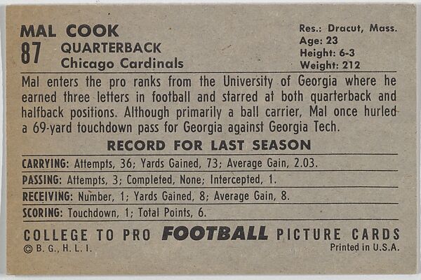 Mal Cook, University of Georgia, from the Bowman Football series (R407-4) issued by Bowman Gum, Issued by Bowman Gum Company, Commercial color lithograph