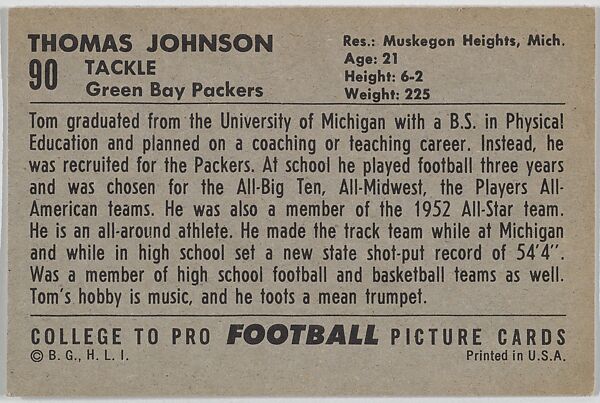 Tom Johnson, University of Michigan, from the Bowman Football series (R407-4) issued by Bowman Gum, Issued by Bowman Gum Company, Commercial color lithograph
