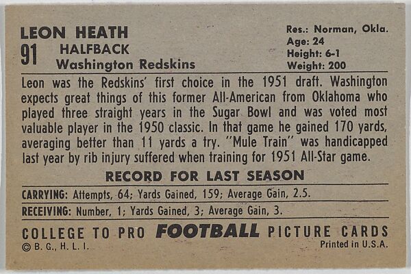 Leon Heath, Washington Redskins, from the Bowman Football series (R407-4) issued by Bowman Gum, Issued by Bowman Gum Company, Commercial color lithograph