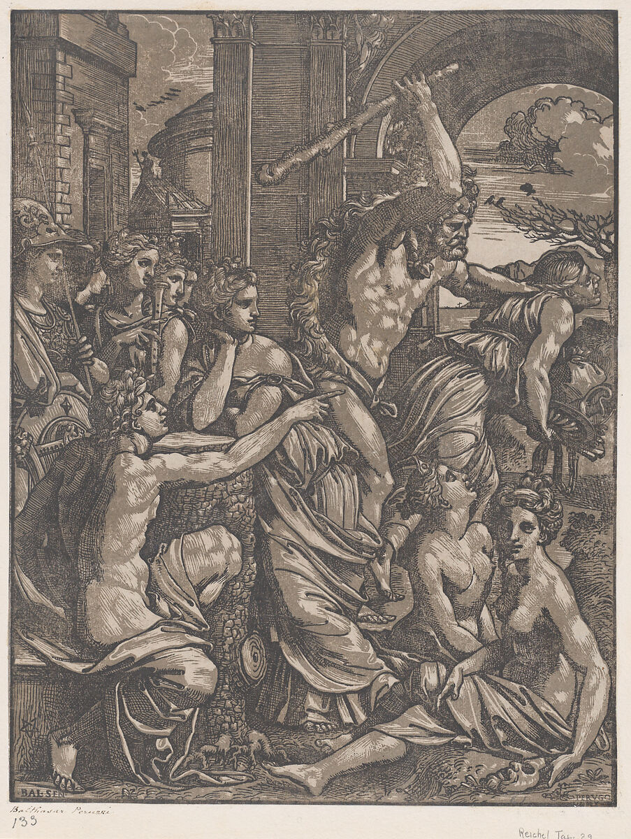 Hercules chasing Avarice from the temple of the Muses, Ugo da Carpi (Italian, Carpi ca. 1480–1532 Bologna), Chiaroscuro woodcut from two blocks in brown 