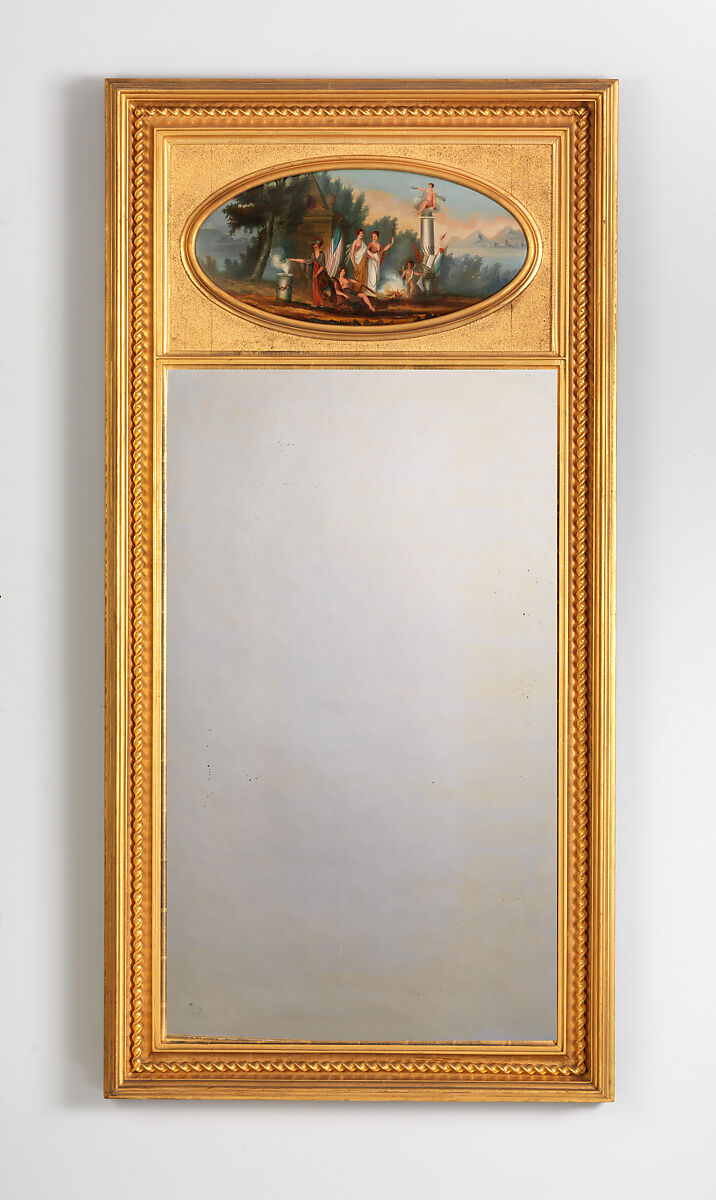 Pier mirror, White pine frame, gessoed, sanded and gilded, mahogany oval panel, painted, looking glass, American 