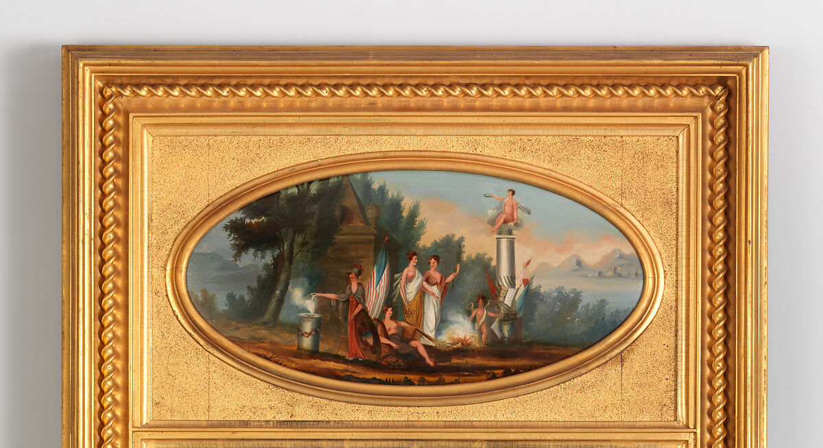 Pier mirror, White pine frame, gessoed, sanded and gilded, mahogany oval panel, painted, looking glass, American
