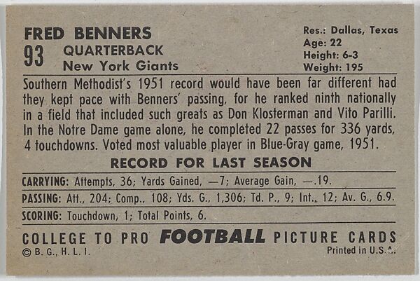 Fred Benners, Southern Methodist, from the Bowman Football series (R407-4) issued by Bowman Gum, Issued by Bowman Gum Company, Commercial color lithograph