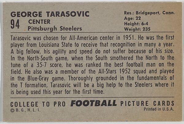 George Tarasovic, Louisiana State University, from the Bowman Football series (R407-4) issued by Bowman Gum, Issued by Bowman Gum Company, Commercial color lithograph