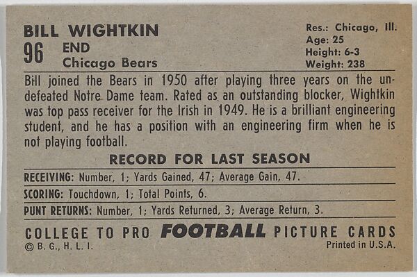 Bill Wightkin, Chicago Bears, from the Bowman Football series (R407-4) issued by Bowman Gum, Issued by Bowman Gum Company, Commercial color lithograph
