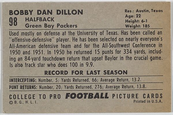 Bobby Dan Dillon, University of Texas, from the Bowman Football series (R407-4) issued by Bowman Gum, Issued by Bowman Gum Company, Commercial color lithograph
