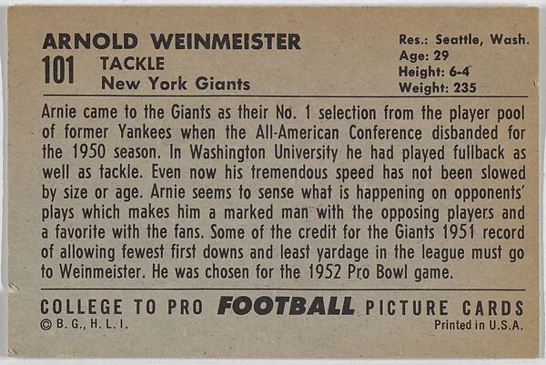 Arnold Weinmeister, New York Giants, from the Bowman Football series (R407-4) issued by Bowman Gum, Issued by Bowman Gum Company, Commercial color lithograph