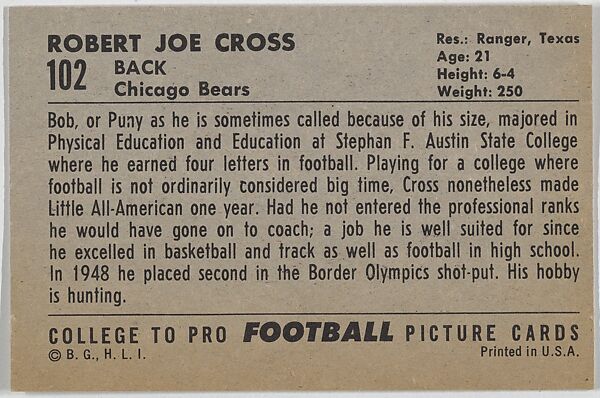 Bob Cross, Stephen F. Austin College, from the Bowman Football series (R407-4) issued by Bowman Gum, Issued by Bowman Gum Company, Commercial color lithograph