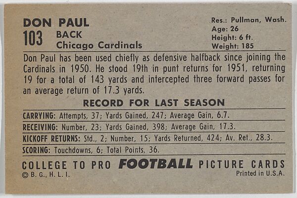 Don Paul, Chicago Cardinals, from the Bowman Football series (R407-4) issued by Bowman Gum, Issued by Bowman Gum Company, Commercial color lithograph