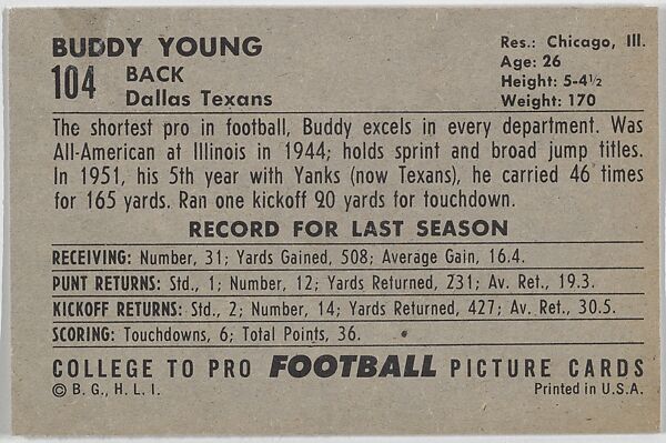 Buddy Young, Dallas Texans, from the Bowman Football series (R407-4) issued by Bowman Gum, Issued by Bowman Gum Company, Commercial color lithograph