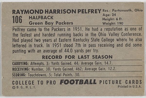 Raymond Pelfrey, Green Bay Packers, from the Bowman Football series (R407-4) issued by Bowman Gum, Issued by Bowman Gum Company, Commercial color lithograph
