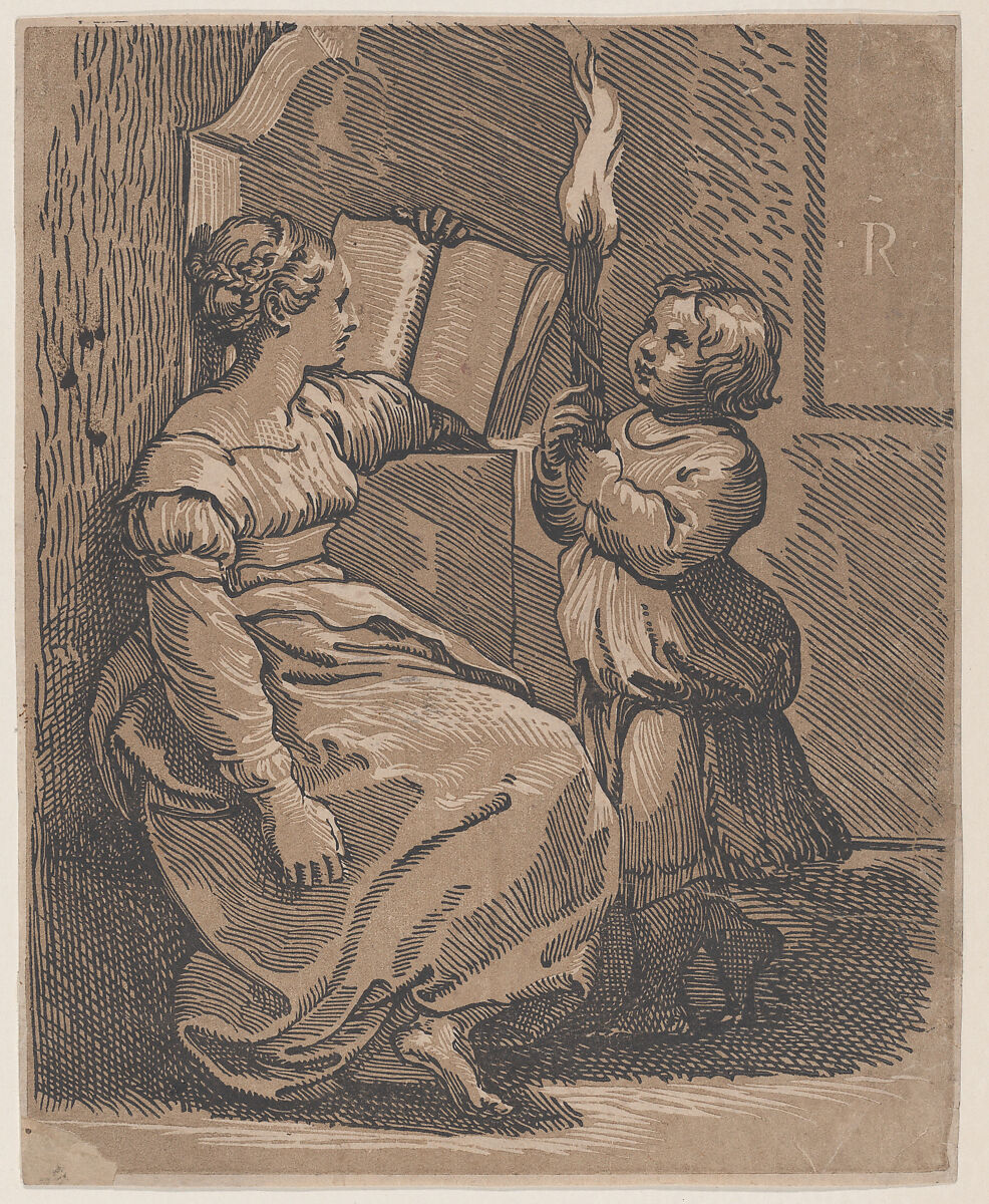 A Sibyl Reading a book facing right, Attributed to Ugo da Carpi (Italian, Carpi ca. 1480–1532 Bologna), Chiaroscuro woodcut from two blocks in brown 