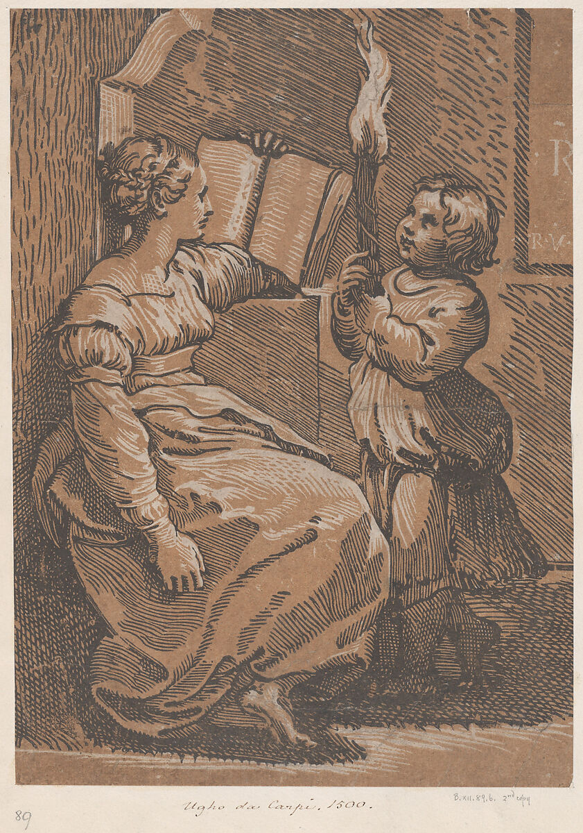 A Sibyl Reading a book facing right, Attributed to Ugo da Carpi (Italian, Carpi ca. 1480–1532 Bologna), Chiaroscuro woodcut printed from two blocks in brown 