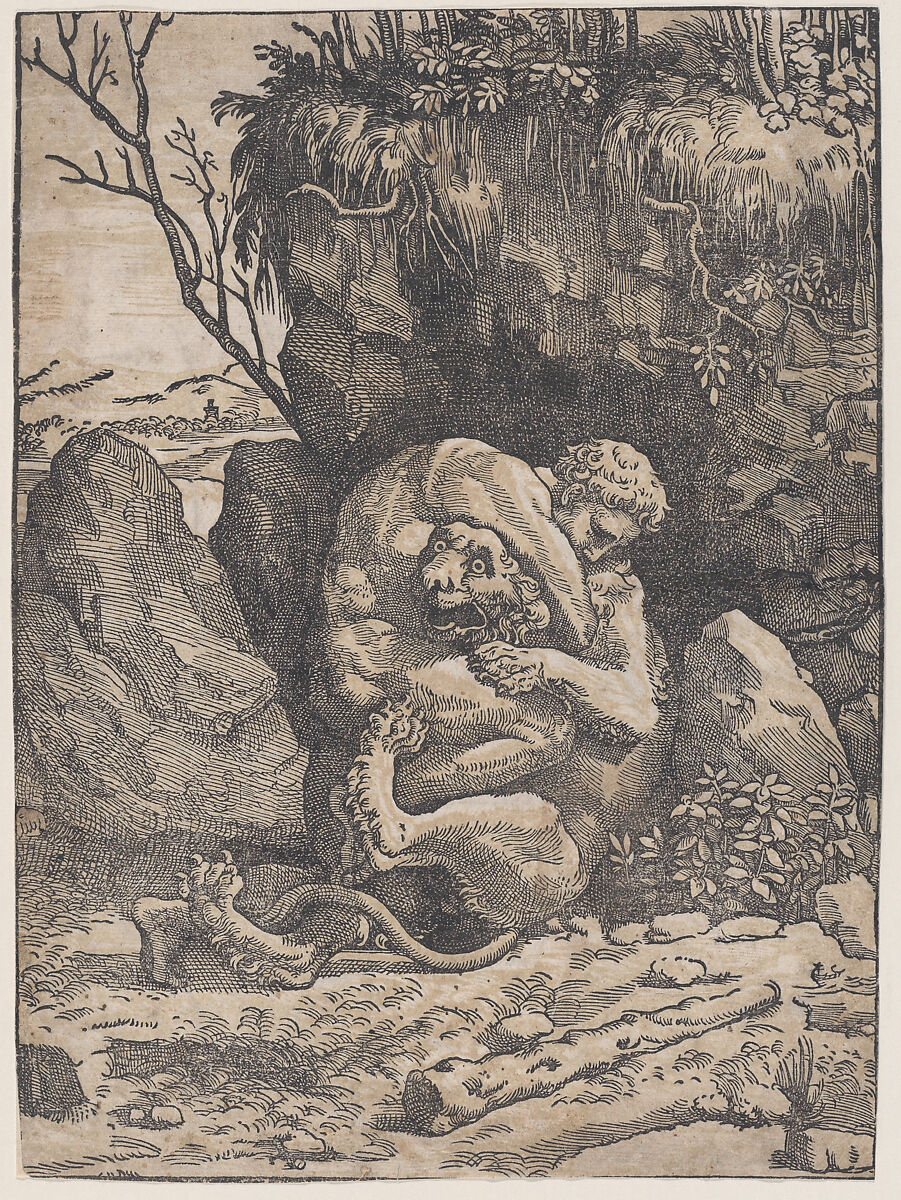 Hercules and the Nemean Lion, Ugo da Carpi (Italian, Carpi ca. 1480–1532 Bologna), Chiaroscuro woodcut from two blocks in pale green 