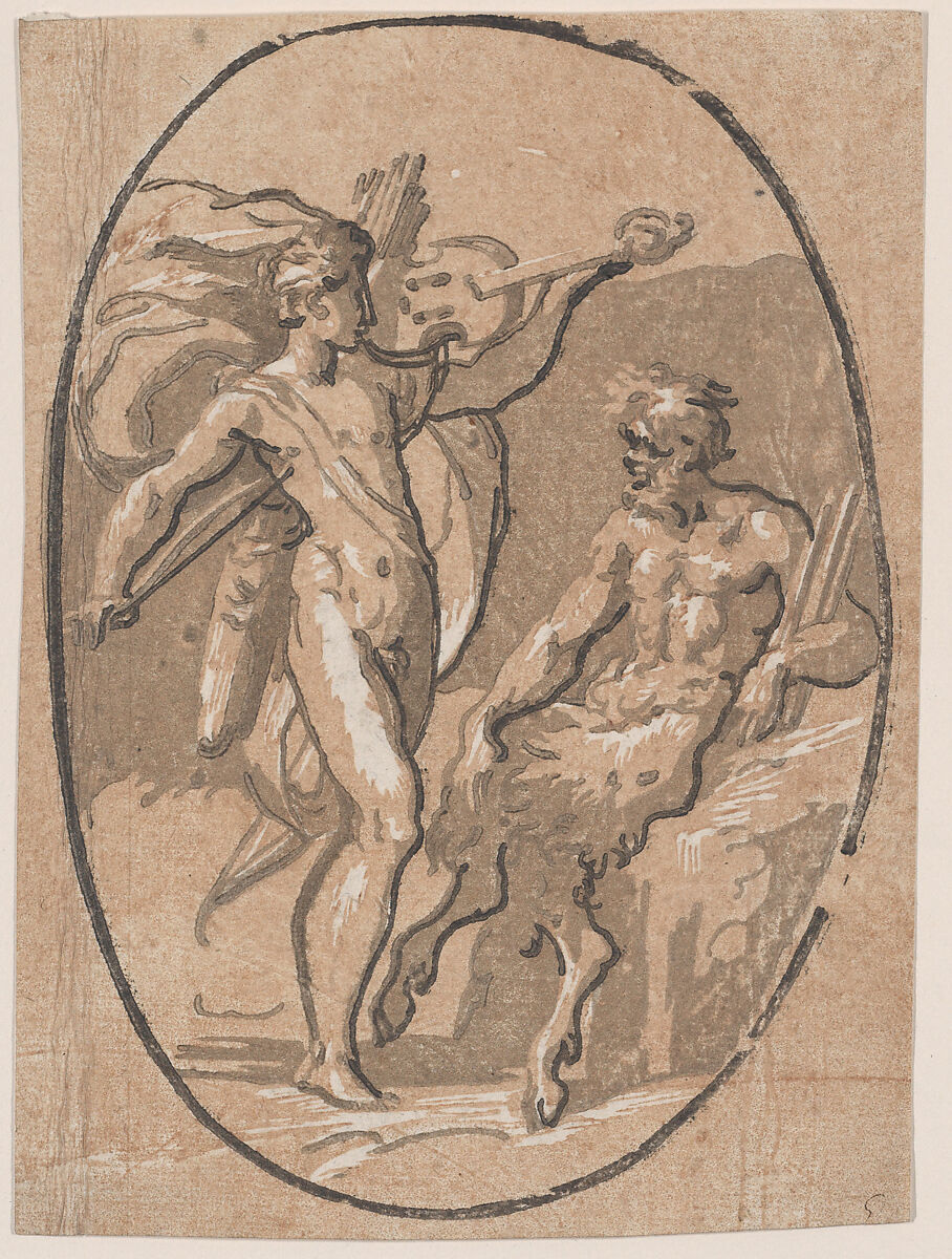The contest between Apollo and Marysas, Niccolò Vicentino (Italian, active ca. 1510–ca. 1550), Chiaroscuro woodcut from four blocks in brown 