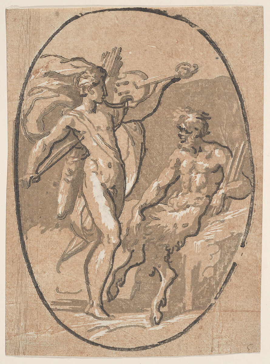 The contest between Apollo and Marysas, Niccolò Vicentino (Italian, active ca. 1510–ca. 1550), Chiaroscuro woodcut from four blocks in brown