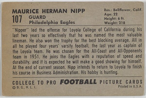 Maurice Nipp, Loyola University, from the Bowman Football series (R407-4) issued by Bowman Gum, Issued by Bowman Gum Company, Commercial color lithograph