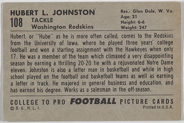 Hubert Johnson, State University of Iowa, from the Bowman Football series (R407-4) issued by Bowman Gum, Issued by Bowman Gum Company, Commercial color lithograph