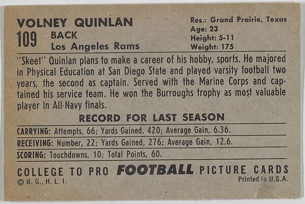 Volney Quinlan, San Diego State University, from the Bowman Football series (R407-4) issued by Bowman Gum, Issued by Bowman Gum Company, Commercial color lithograph
