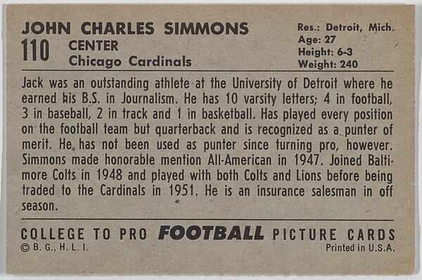 Jack Simmons, Chicago Cardinals, from the Bowman Football series (R407-4) issued by Bowman Gum, Issued by Bowman Gum Company, Commercial color lithograph