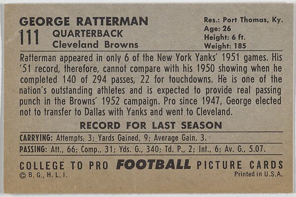 George Ratterman, Cleveland Browns, from the Bowman Football series (R407-4) issued by Bowman Gum, Issued by Bowman Gum Company, Commercial color lithograph
