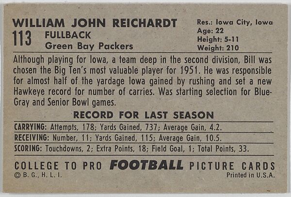 William John Reichardt, State University of Iowa, from the Bowman Football series (R407-4) issued by Bowman Gum, Issued by Bowman Gum Company, Commercial color lithograph