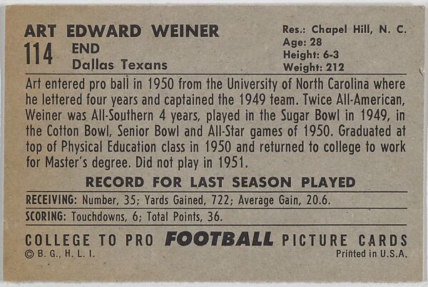 Art Weiner, Dallas Texans, from the Bowman Football series (R407-4) issued by Bowman Gum, Issued by Bowman Gum Company, Commercial color lithograph