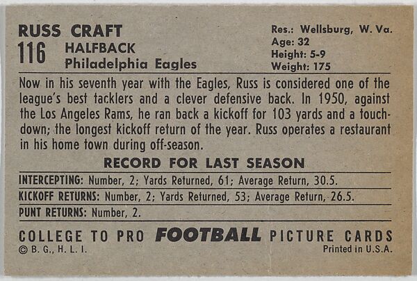 Russ Craft, Philadelphia Eagles, from the Bowman Football series (R407-4) issued by Bowman Gum, Issued by Bowman Gum Company, Commercial color lithograph