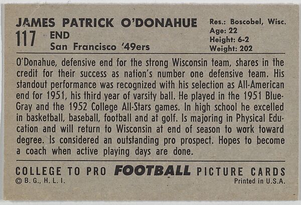 Pat O'Donague, University of Wisconsin, from the Bowman Football series (R407-4) issued by Bowman Gum, Issued by Bowman Gum Company, Commercial color lithograph