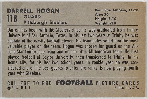 Darrell Hogan, Pittsburgh Steelers, from the Bowman Football series (R407-4) issued by Bowman Gum, Issued by Bowman Gum Company, Commercial color lithograph
