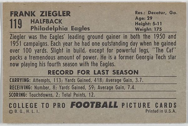 Frank Ziegler, Philadelphia Eagles, from the Bowman Football series (R407-4) issued by Bowman Gum, Issued by Bowman Gum Company, Commercial color lithograph