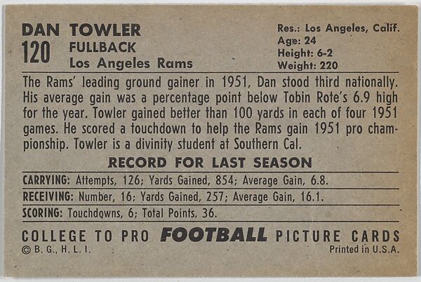 Deacon Dan Towler, Los Angeles Rams, from the Bowman Football series (R407-4) issued by Bowman Gum, Issued by Bowman Gum Company, Commercial color lithograph
