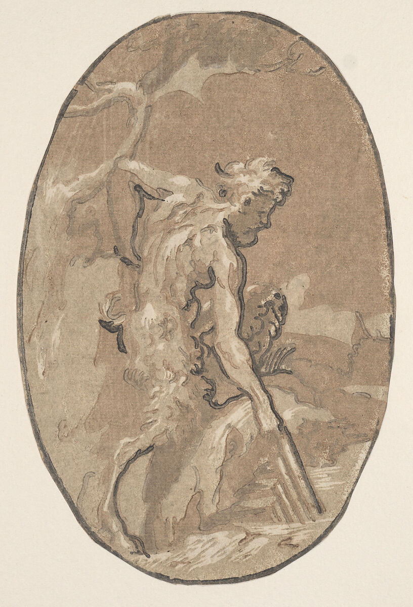 Marsyas drawing the Syrinx from the river, Niccolò Vicentino (Italian, active ca. 1510–ca. 1550), Chiaroscuro woodcut from four blocks in brown, trimmed around oval