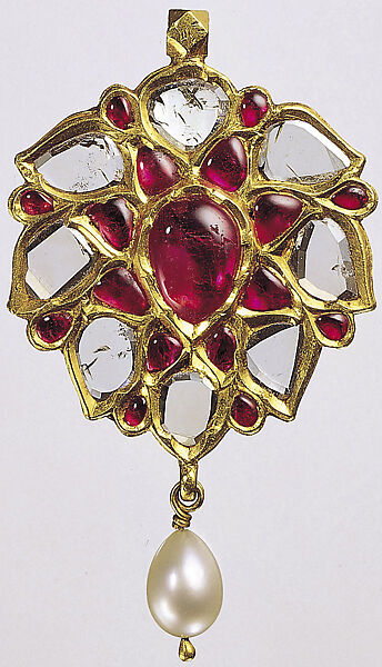 Floral Pendant with Drooping Petals, Fabricated from gold, worked in kundan technique and set with diamonds and rubies, with pendant pearl