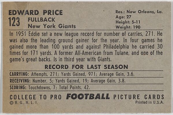 Eddie Price, New York Giants, from the Bowman Football series (R407-4) issued by Bowman Gum, Issued by Bowman Gum Company, Commercial color lithograph
