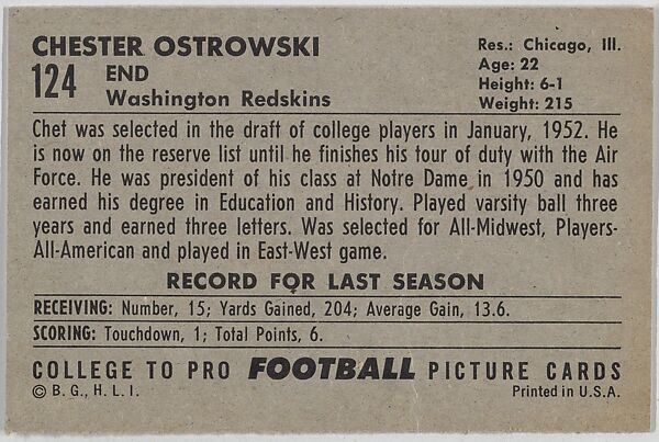 Chet Ostrowskl, Notre Dame, from the Bowman Football series (R407-4) issued by Bowman Gum, Issued by Bowman Gum Company, Commercial color lithograph