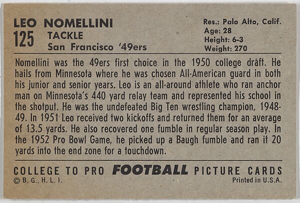 Leo Nomellini, San Francisco '49ers, from the Bowman Football series (R407-4) issued by Bowman Gum, Issued by Bowman Gum Company, Commercial color lithograph