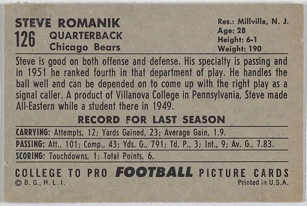 Steve Romanik, Chicago Bears, from the Bowman Football series (R407-4) issued by Bowman Gum, Issued by Bowman Gum Company, Commercial color lithograph