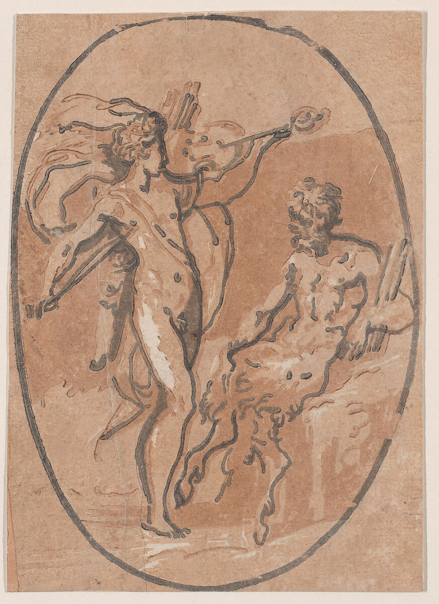 The contest between Apollo and Marsyas, Niccolò Vicentino (Italian, active ca. 1510–ca. 1550), Chiaroscuro woodcut from four blocks in brown 