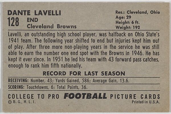 Dante Lavelli, Cleveland Browns, from the Bowman Football series (R407-4) issued by Bowman Gum, Issued by Bowman Gum Company, Commercial color lithograph
