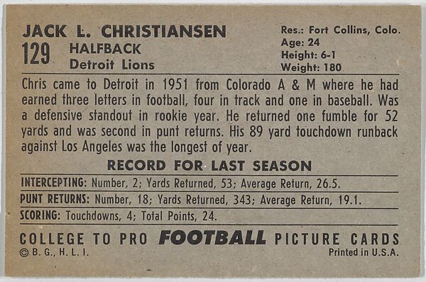 Jack Christiansen, Detroit Lions, from the Bowman Football series (R407-4) issued by Bowman Gum, Issued by Bowman Gum Company, Commercial color lithograph