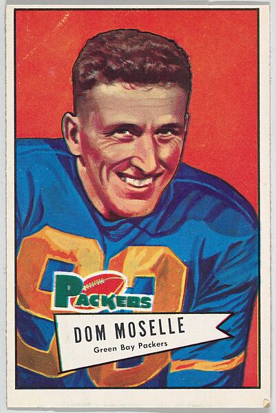 Dom Moselle, Green Bay Packers, from the Bowman Football series (R407-4) issued by Bowman Gum, Issued by Bowman Gum Company, Commercial color lithograph 
