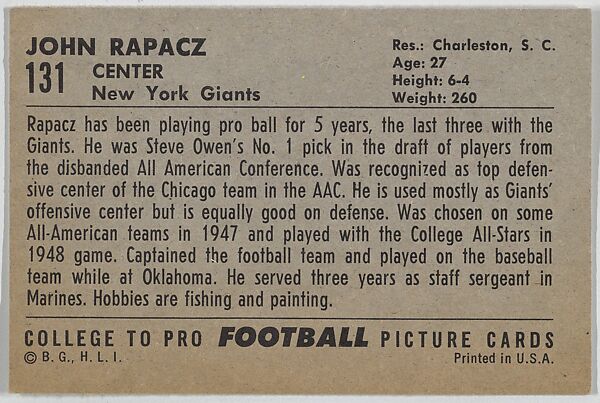 John Rapacz, New York Giants, from the Bowman Football series (R407-4) issued by Bowman Gum, Issued by Bowman Gum Company, Commercial color lithograph