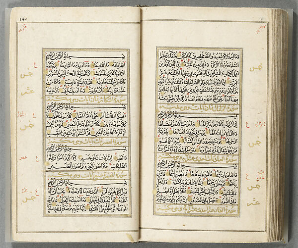 Miniature manuscript of the Qur'an, Black ink on paper, illumination in ink, gold, and colors; binding slabs of nephrite jade (white, with slight greyish cast) inlaid with gold and set in kundan technique with rubies and emeralds, the leather spine painted in gold