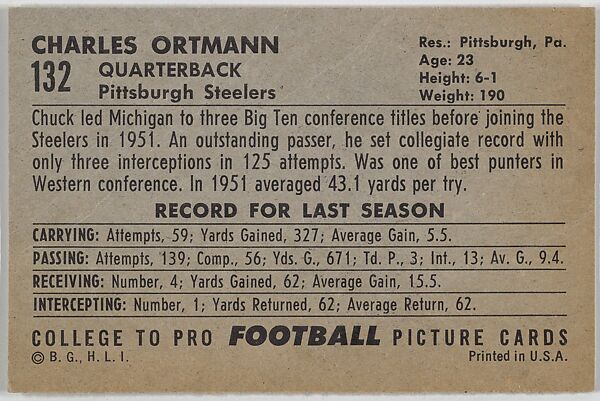 Chuck Ortmann, Pittsburgh Steelers, from the Bowman Football series (R407-4) issued by Bowman Gum, Issued by Bowman Gum Company, Commercial color lithograph