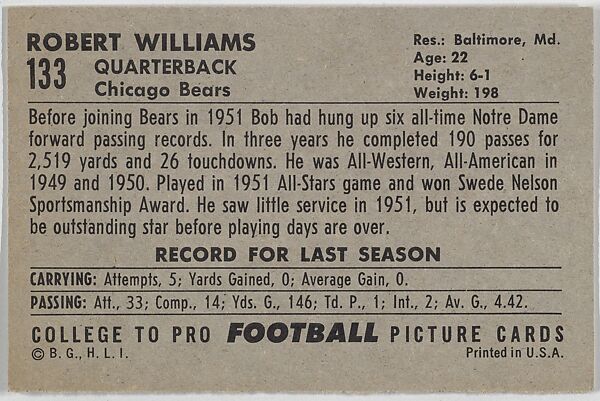 Robert Williams, Chicago Bears, from the Bowman Football series (R407-4) issued by Bowman Gum, Issued by Bowman Gum Company, Commercial color lithograph
