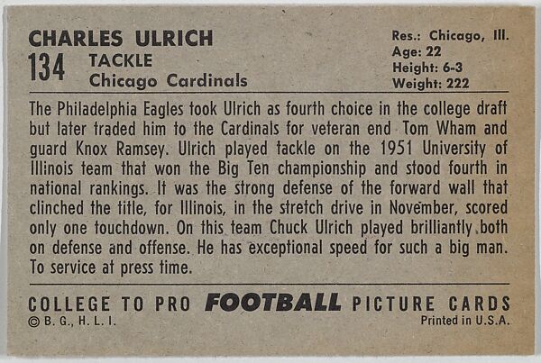 Charles Ulrich, University of Illinois, from the Bowman Football series (R407-4) issued by Bowman Gum, Issued by Bowman Gum Company, Commercial color lithograph
