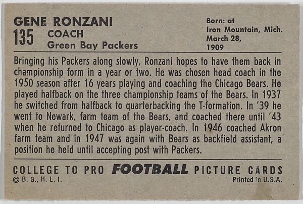 Gene Ronzani, Green Bay Packers, from the Bowman Football series (R407-4) issued by Bowman Gum, Issued by Bowman Gum Company, Commercial color lithograph