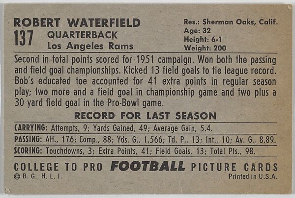 Bob Waterfield, Los Angeles Rams, from the Bowman Football series (R407-4) issued by Bowman Gum, Issued by Bowman Gum Company, Commercial color lithograph